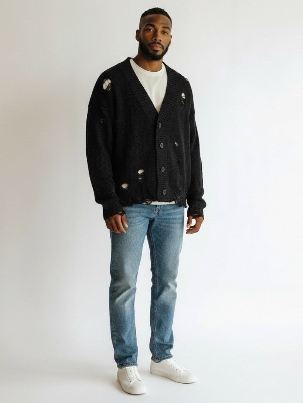 MNML Distressed Cardigan Size M Medium Black